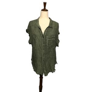 Umgee Green Button-Up Frayed Hem High Low Women's Top MED